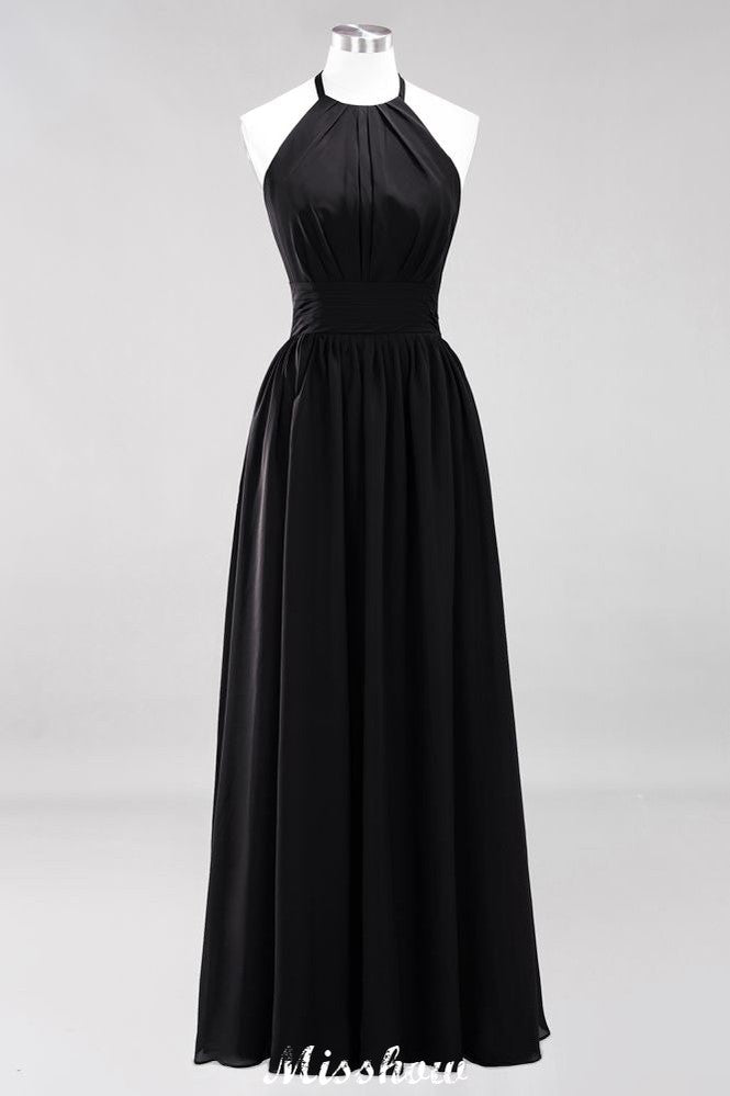 Vestido de dama de honor largo hasta el suelo, sin mangas, con apliques, cuello halter y volantes, corte A, de gasa, para noche