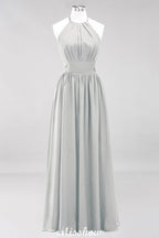 Vestido de dama de honor largo hasta el suelo, sin mangas, con apliques, cuello halter y volantes, corte A, de gasa, para noche
