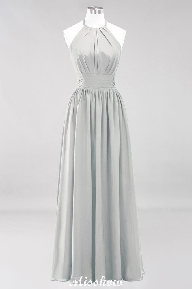 Vestido de dama de honor largo hasta el suelo, sin mangas, con apliques, cuello halter y volantes, corte A, de gasa, para noche