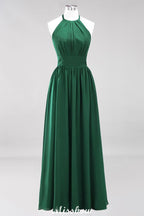 Vestido de dama de honor largo hasta el suelo, sin mangas, con apliques, cuello halter y volantes, corte A, de gasa, para noche