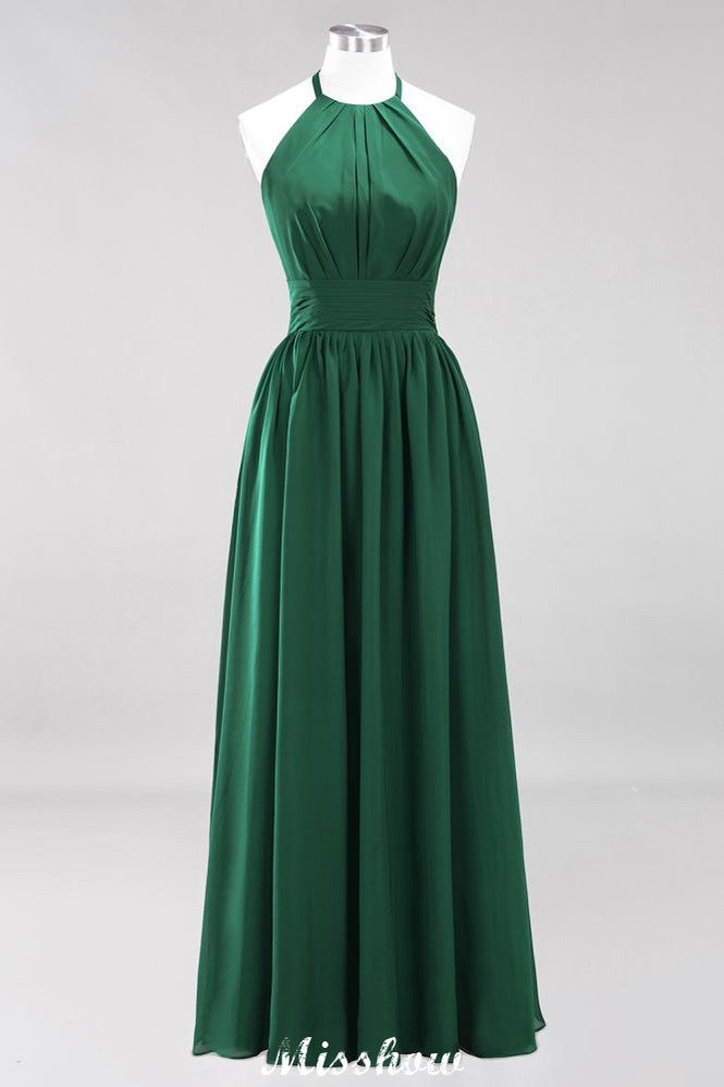 Vestido de dama de honor largo hasta el suelo, sin mangas, con apliques, cuello halter y volantes, corte A, de gasa, para noche