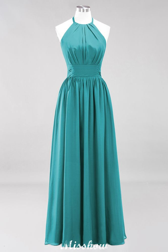 Vestido de dama de honor largo hasta el suelo, sin mangas, con apliques, cuello halter y volantes, corte A, de gasa, para noche