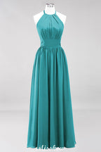 Vestido de dama de honor largo hasta el suelo, sin mangas, con apliques, cuello halter y volantes, corte A, de gasa, para noche