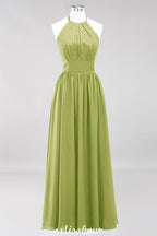 Vestido de dama de honor largo hasta el suelo, sin mangas, con apliques, cuello halter y volantes, corte A, de gasa, para noche