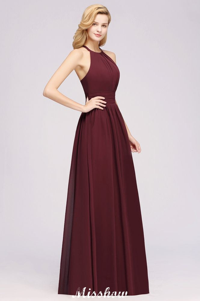 Vestido de dama de honor largo hasta el suelo, sin mangas, con apliques, cuello halter y volantes, corte A, de gasa, para noche