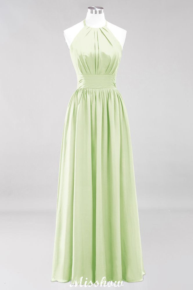 Vestido de dama de honor largo hasta el suelo, sin mangas, con apliques, cuello halter y volantes, corte A, de gasa, para noche