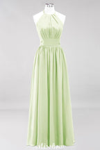 Vestido de dama de honor largo hasta el suelo, sin mangas, con apliques, cuello halter y volantes, corte A, de gasa, para noche