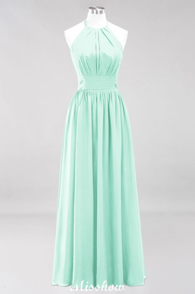 Vestido de dama de honor largo hasta el suelo, sin mangas, con apliques, cuello halter y volantes, corte A, de gasa, para noche