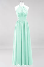 Vestido de dama de honor largo hasta el suelo, sin mangas, con apliques, cuello halter y volantes, corte A, de gasa, para noche