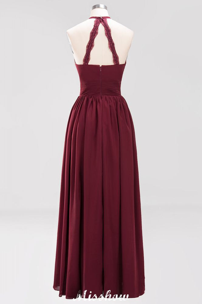 Vestido de dama de honor largo hasta el suelo, sin mangas, con apliques, cuello halter y volantes, corte A, de gasa, para noche