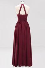 Vestido de dama de honor largo hasta el suelo, sin mangas, con apliques, cuello halter y volantes, corte A, de gasa, para noche