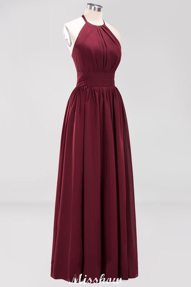 Vestido de dama de honor largo hasta el suelo, sin mangas, con apliques, cuello halter y volantes, corte A, de gasa, para noche
