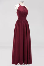 Vestido de dama de honor largo hasta el suelo, sin mangas, con apliques, cuello halter y volantes, corte A, de gasa, para noche