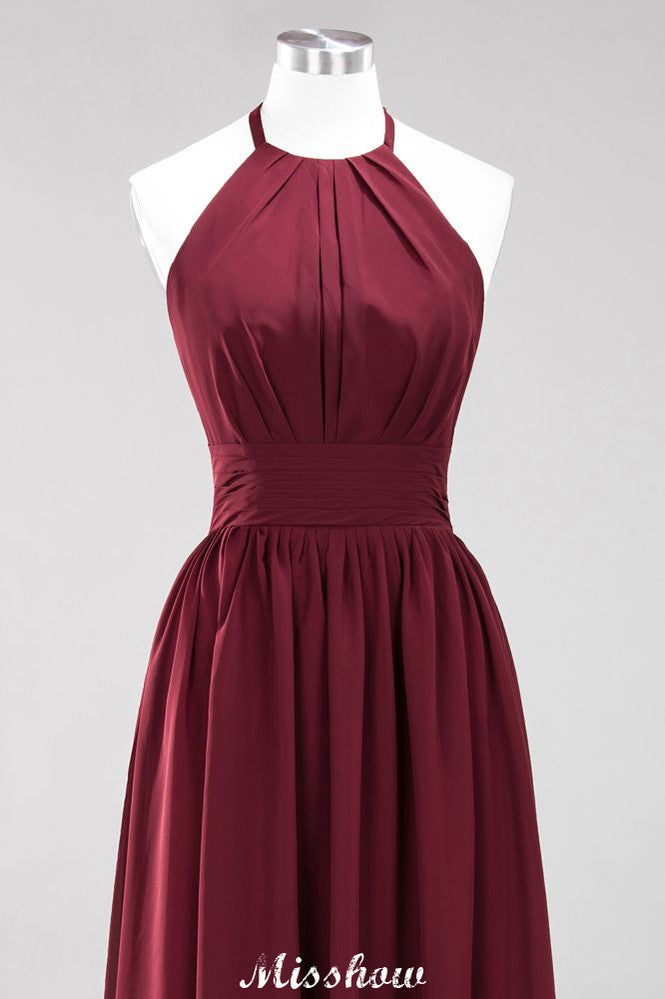 Vestido de dama de honor largo hasta el suelo, sin mangas, con apliques, cuello halter y volantes, corte A, de gasa, para noche