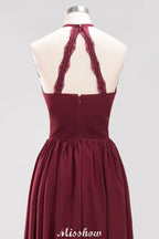 Vestido de dama de honor largo hasta el suelo, sin mangas, con apliques, cuello halter y volantes, corte A, de gasa, para noche