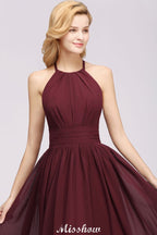 Vestido de dama de honor largo hasta el suelo, sin mangas, con apliques, cuello halter y volantes, corte A, de gasa, para noche