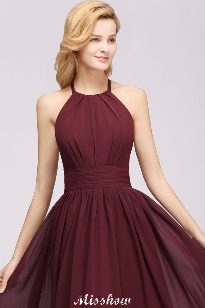 Vestido de dama de honor largo hasta el suelo, sin mangas, con apliques, cuello halter y volantes, corte A, de gasa, para noche