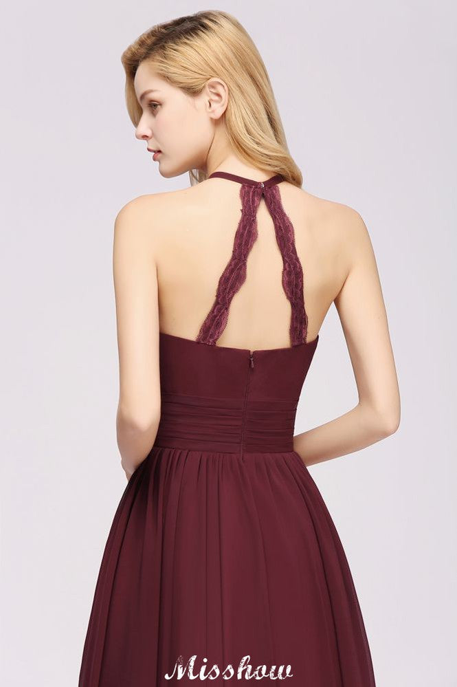 Vestido de dama de honor largo hasta el suelo, sin mangas, con apliques, cuello halter y volantes, corte A, de gasa, para noche