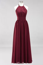Vestido de dama de honor largo hasta el suelo, sin mangas, con apliques, cuello halter y volantes, corte A, de gasa, para noche