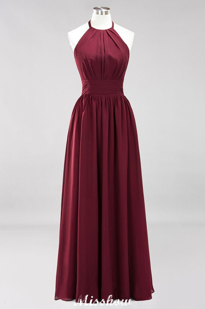 Vestido de dama de honor largo hasta el suelo, sin mangas, con apliques, cuello halter y volantes, corte A, de gasa, para noche