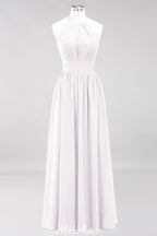 Vestido de dama de honor largo hasta el suelo, sin mangas, con apliques, cuello halter y volantes, corte A, de gasa, para noche