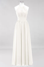 Vestido de dama de honor largo hasta el suelo, sin mangas, con apliques, cuello halter y volantes, corte A, de gasa, para noche