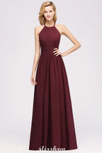 Vestido de dama de honor largo hasta el suelo, sin mangas, con apliques, cuello halter y volantes, corte A, de gasa, para noche