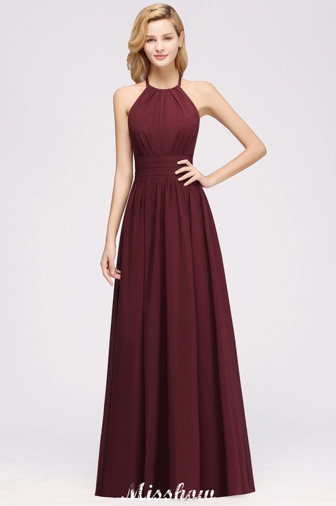 Vestido de dama de honor largo hasta el suelo, sin mangas, con apliques, cuello halter y volantes, corte A, de gasa, para noche