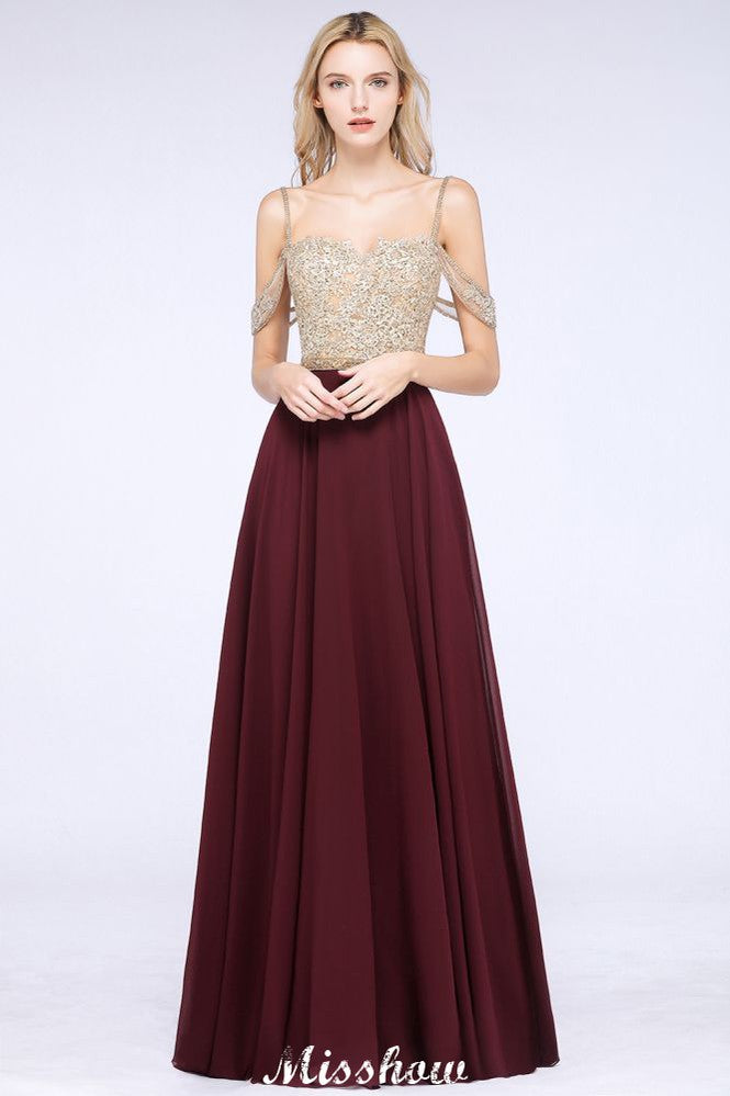 Appliques Spaghetti Straps Prom Dresses | A-Line Sleeveless Evening Dresses