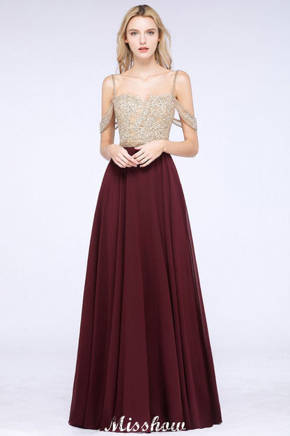 Appliques Spaghetti Straps Prom Dresses | A-Line Sleeveless Evening Dresses