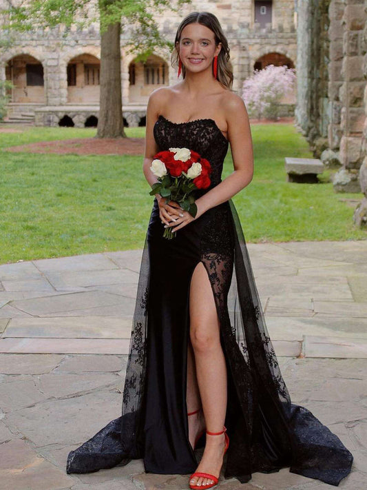 Arabelle | Meerjungfrau-Kleid, trägerlos, schwarz, mit Applikationen und Schlitz