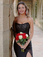 Arabelle | Meerjungfrau-Kleid, trägerlos, schwarz, mit Applikationen und Schlitz