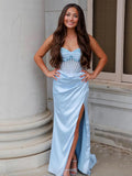 Astraea | Mermaid Strapless Blue Beaded Ruched Long Prom Dress with Slit