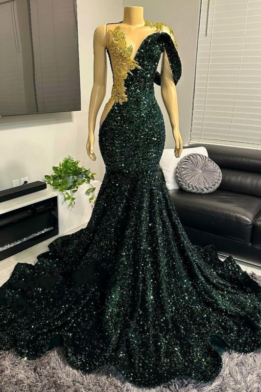 Vestido de fiesta asimétrico de sirena con lentejuelas verde oscuro y cristales 3D dorados, ajustado