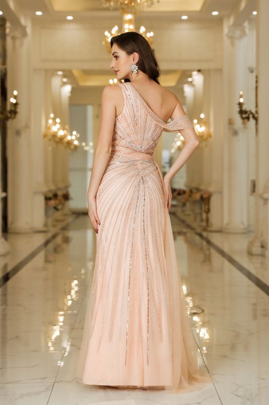Asymmetrisches Ballkleid mit Perlenbesatz aus Tüll und Seitenschlitz, ärmellos, bodenlang, für besondere Anlässe