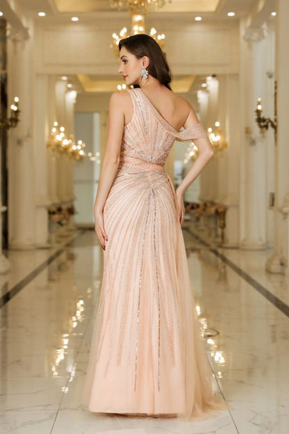 Asymmetrisches Ballkleid mit Perlenbesatz aus Tüll und Seitenschlitz, ärmellos, bodenlang, für besondere Anlässe