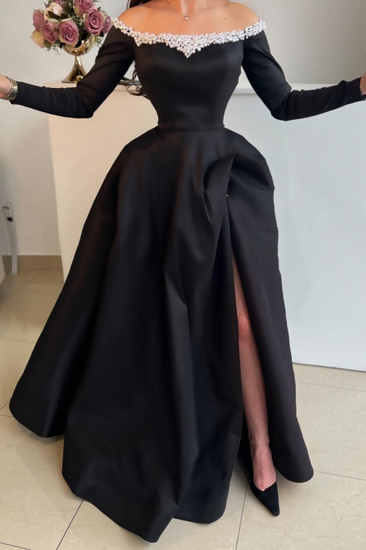 Atractivo vestido de fiesta largo negro de satén con hombros descubiertos, corte A, abertura frontal, mangas largas y perlas