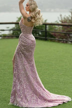 Attraktives langes Meerjungfrauen-Ballkleid mit trägerlosem Spitzen-Glitzer-Ärmel und Schlitz