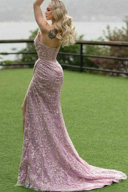 Atractivo vestido de fiesta largo de sirena sin tirantes, de encaje brillante, sin mangas y con abertura