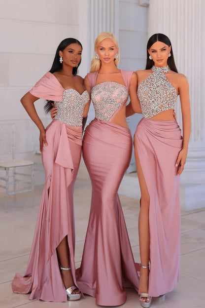Atractivo vestido de fiesta largo rosa de sirena con hombros descubiertos, encaje y cuentas, con abertura