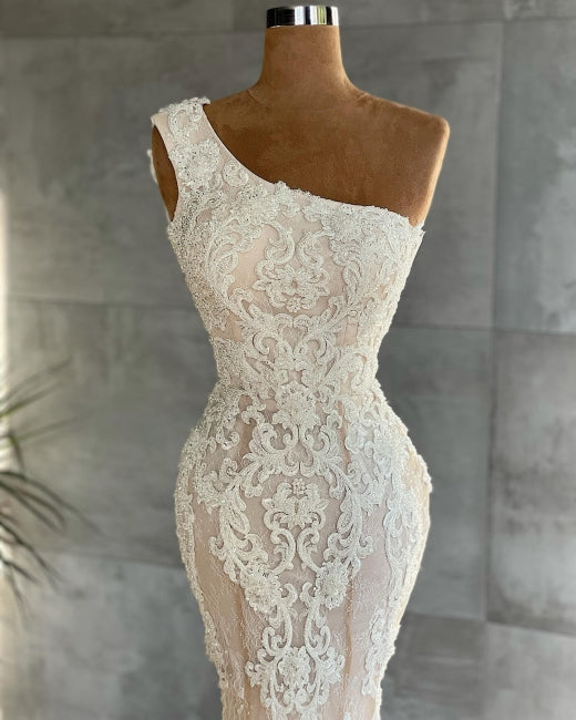 Atractivo vestido de novia de sirena con apliques de encaje y un solo hombro hasta el suelo