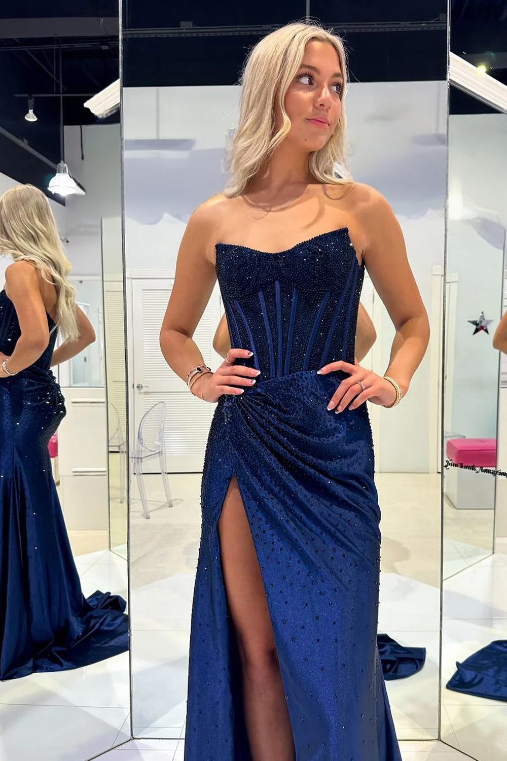 Aurorae | Vestidos de fiesta largos de terciopelo azul marino con escote redondo y cuentas, estilo sirena