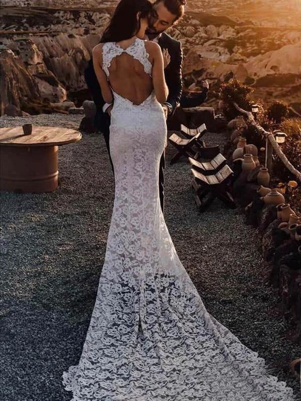 Impresionantes vestidos de novia elegantes de sirena con espalda abierta y encaje para playa