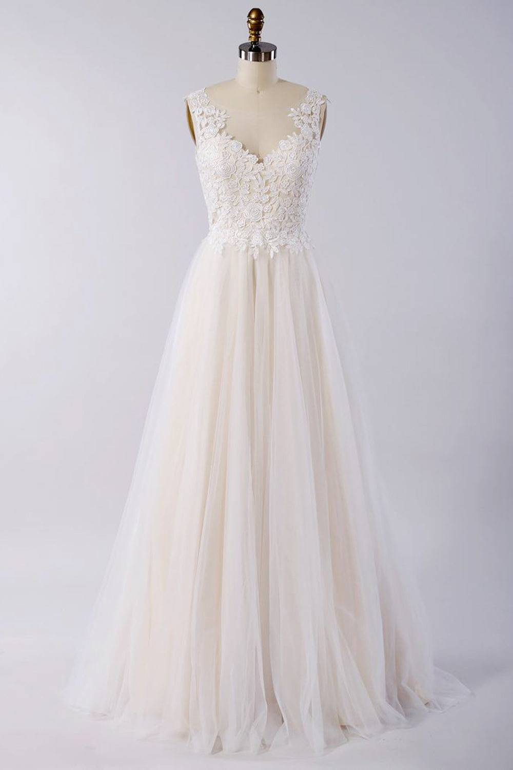Impresionante vestido de novia largo de corte A con apliques de encaje y tul con espalda abierta