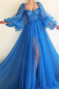 Tolles langes A-Linien-Ballkleid aus Tüll mit Herzausschnitt, Schlitz vorne und Ärmeln