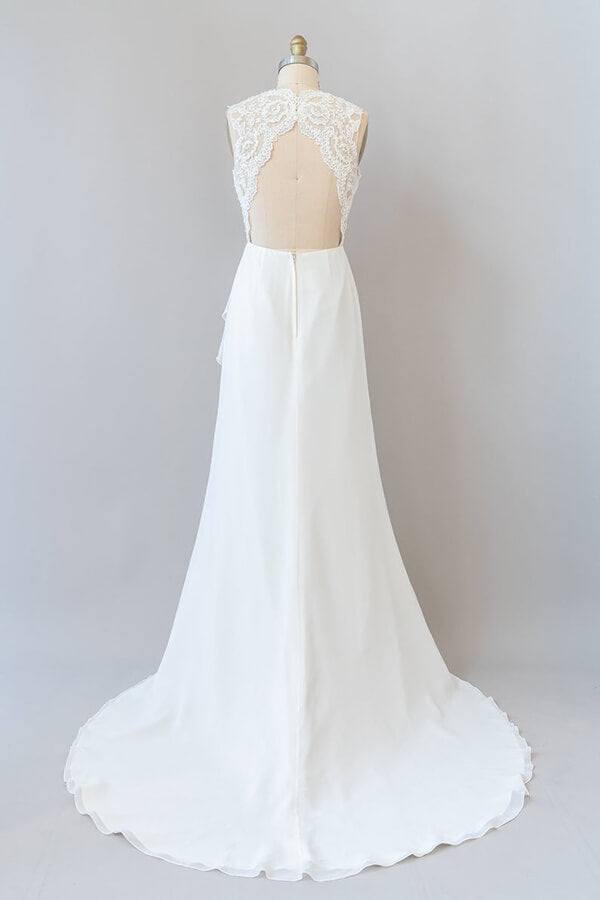 Impresionante vestido de novia largo de gasa con encaje y espalda descubierta
