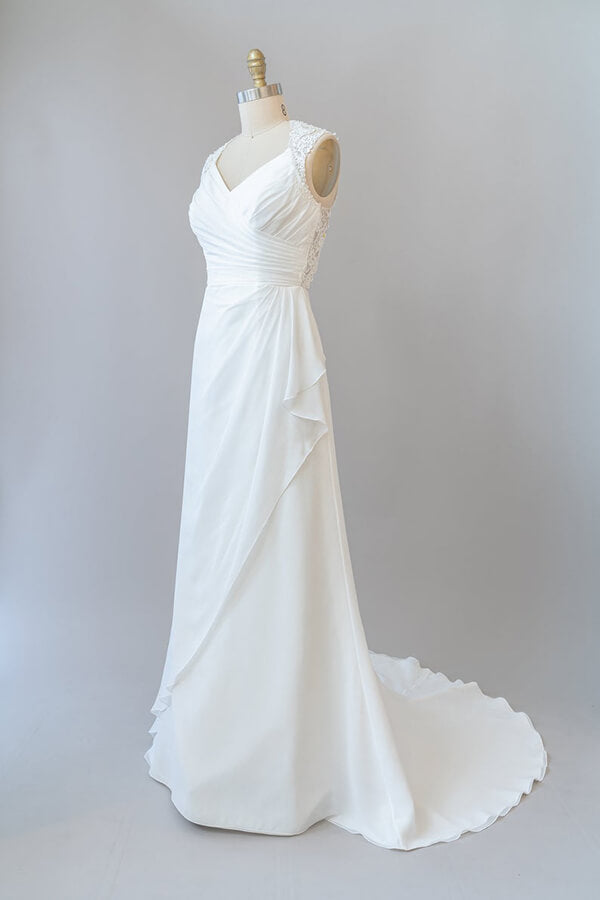 Impresionante vestido de novia largo de gasa con encaje y espalda descubierta