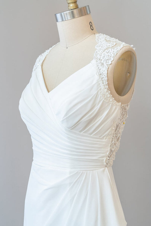 Impresionante vestido de novia largo de gasa con encaje y espalda descubierta