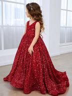 Deslumbrante vestido de princesa con lentejuelas rojas, escote en V y cola de corte para niñas