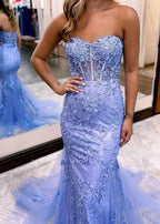 Vestido de fiesta largo de encaje con escote corazón y sirena rosa con apliques